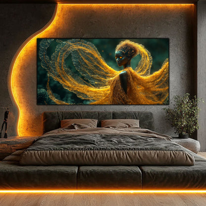 Tablou abstract modern Mantia Aurie, artă pe sticlă securizată cu reflexii metalice și detalii aurii, decor luxos pentru perete sufragerie contemporană.