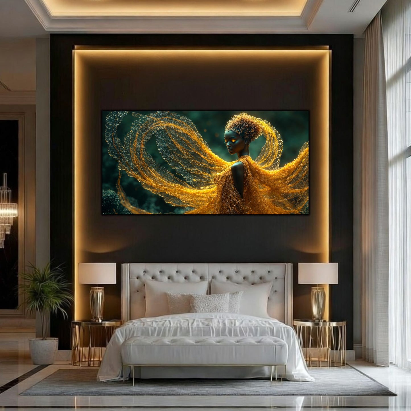 Tablou Abstract Modern „Mantia Aurie” – Decor de Lux pe Sticlă