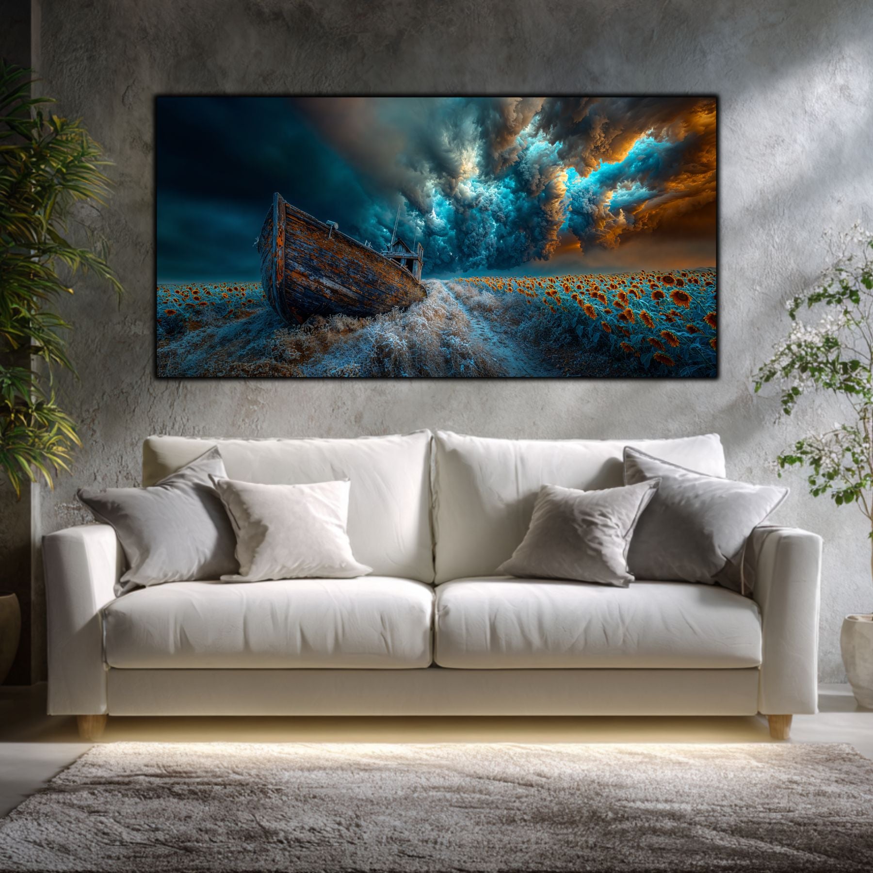 Tablou premium pe sticlă securizată reprezentând o barcă eșuată într-un camp de floarea soarelui in zapada.