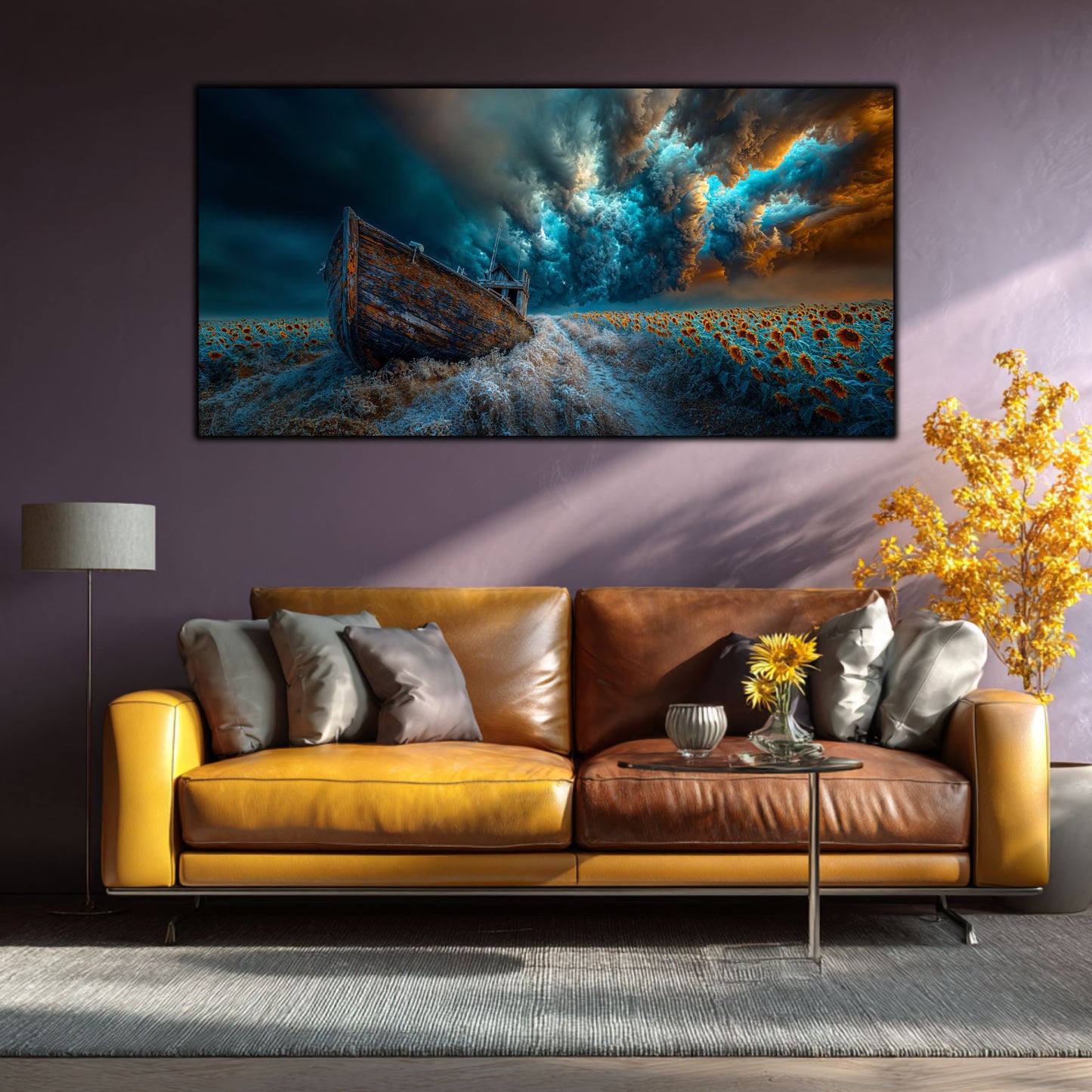 Tablou pe Sticlă Securizată "Barca Abandonată – Floarea-Soarelui a Speranței"