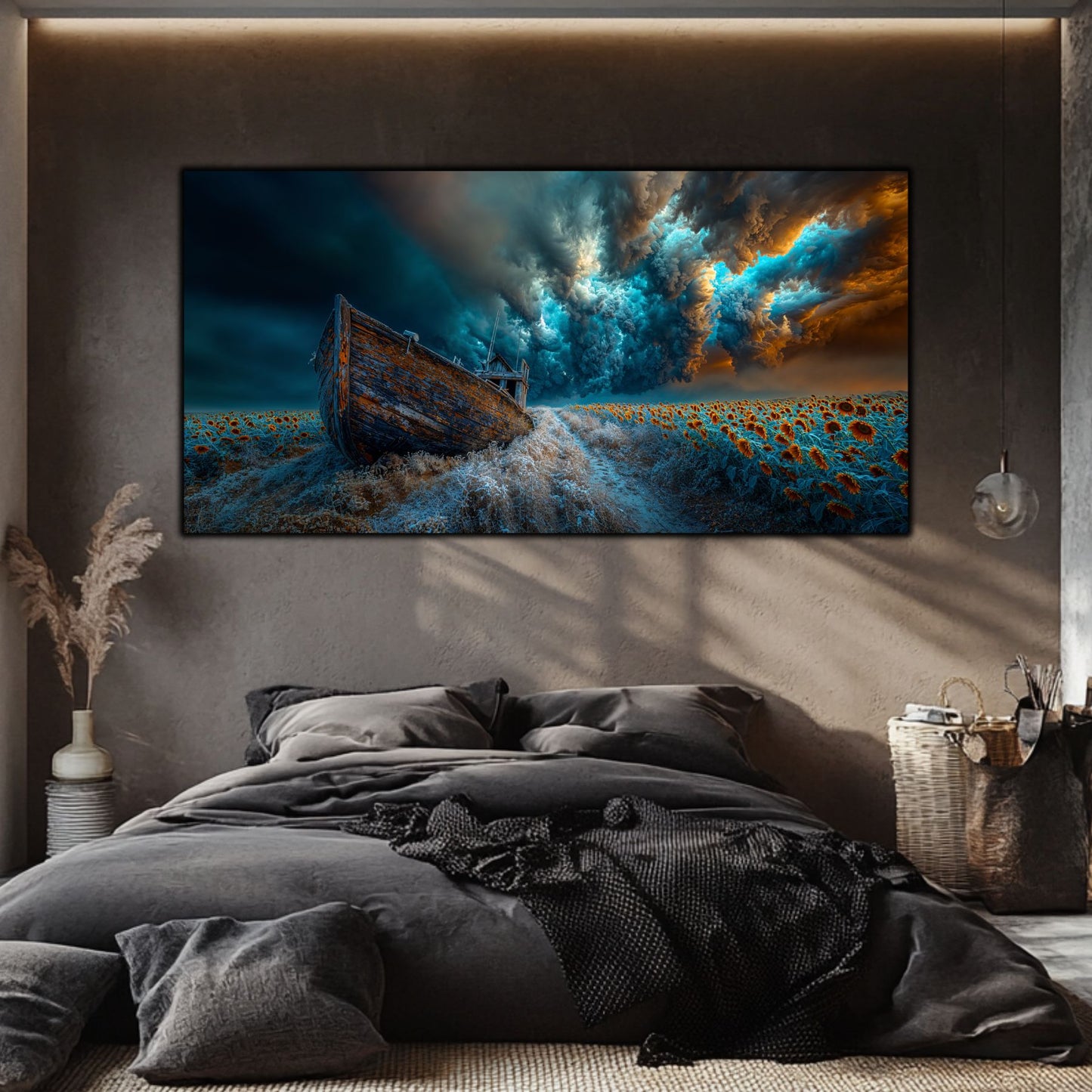 Tablou suprarealist si modern cu un peisaj despre reziliență și speranță, în culori vibrante, agatat intr-un dormitor.