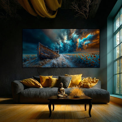 Tablou pe Sticlă Securizată "Barca Abandonată – Floarea-Soarelui a Speranței"