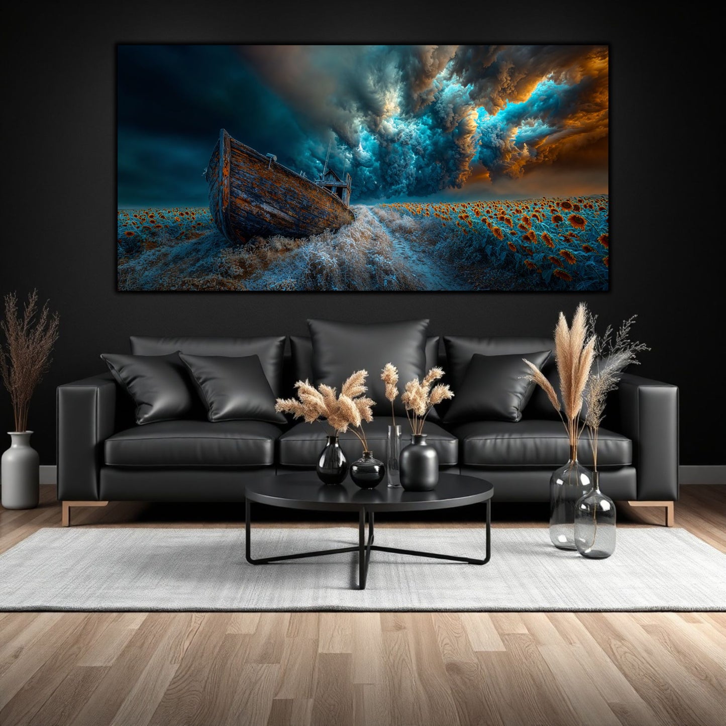 Tablou premium pe sticlă securizată reprezentând o barcă eșuată într-o mare abstracta din floarea -soarelui, design interior living.