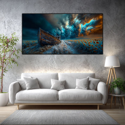 Tablou pe Sticlă Securizată "Barca Abandonată – Floarea-Soarelui a Speranței"