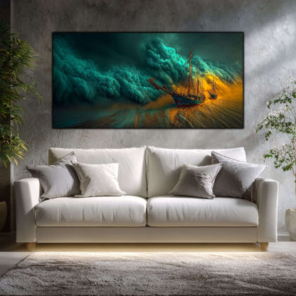 Tablou pe sticlă securizată reprezentând corăbii eșuate sub un cer dramatic de furtună cu nuanțe de teal și gri, stil mistic.