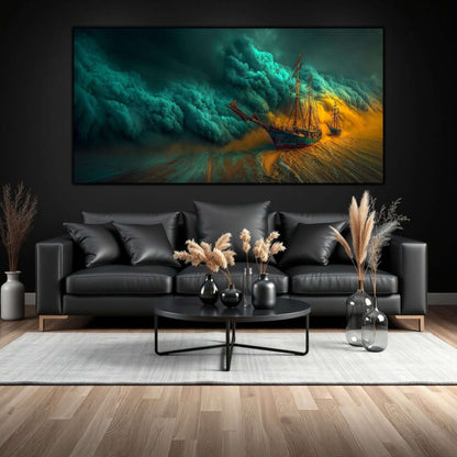 Tablou pe sticlă securizată reprezentând o corabie veche eșuată pe un țărm exotic, sub un cer dramatic de furtună cu nuanțe de teal și gri, stil mistic.