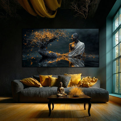 Tablou sufragerie suprarealist Tăcerea Adâncului, artă pe sticlă securizată despre introspecție și conexiunea cu natura, decor perete modern de lux.