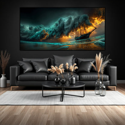 Tablou impresionant printat pe sticla, pe peretele unei sufragerii de lux, cu peisaj de furtuna pe mare si o corabie ce pare gata sa se scufunde.