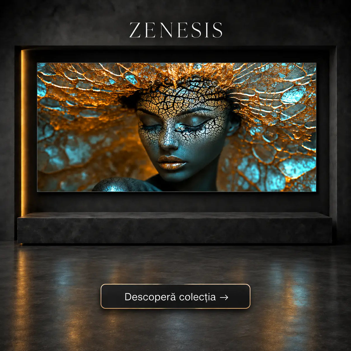 Tablou sticlă securizată living cu portret craquelé și rețea celulară din aur și turcoaz – Colecția Zenesis Art Zen