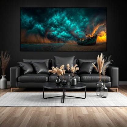 Tablou pe sticla cu o corabie veche abandonata pe o plaja furtunoasa, sub un cer dramatic de expresiv. Acet tablou transforma in extraordinar orice living.