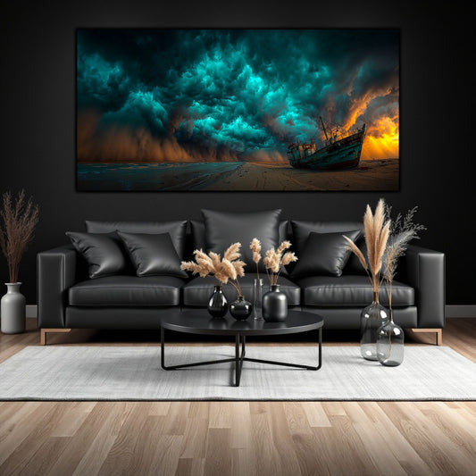 Tablou pe sticla cu o corabie veche abandonata pe o plaja furtunoasa, sub un cer dramatic de expresiv. Acet tablou transforma in extraordinar orice living.