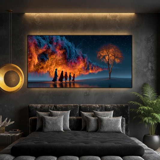 Tablou sticlă securizată Pelerinii arborelui de foc printat UV panoramic deasupra unui pat elegant într-un dormitor contemporan cu perete antracit