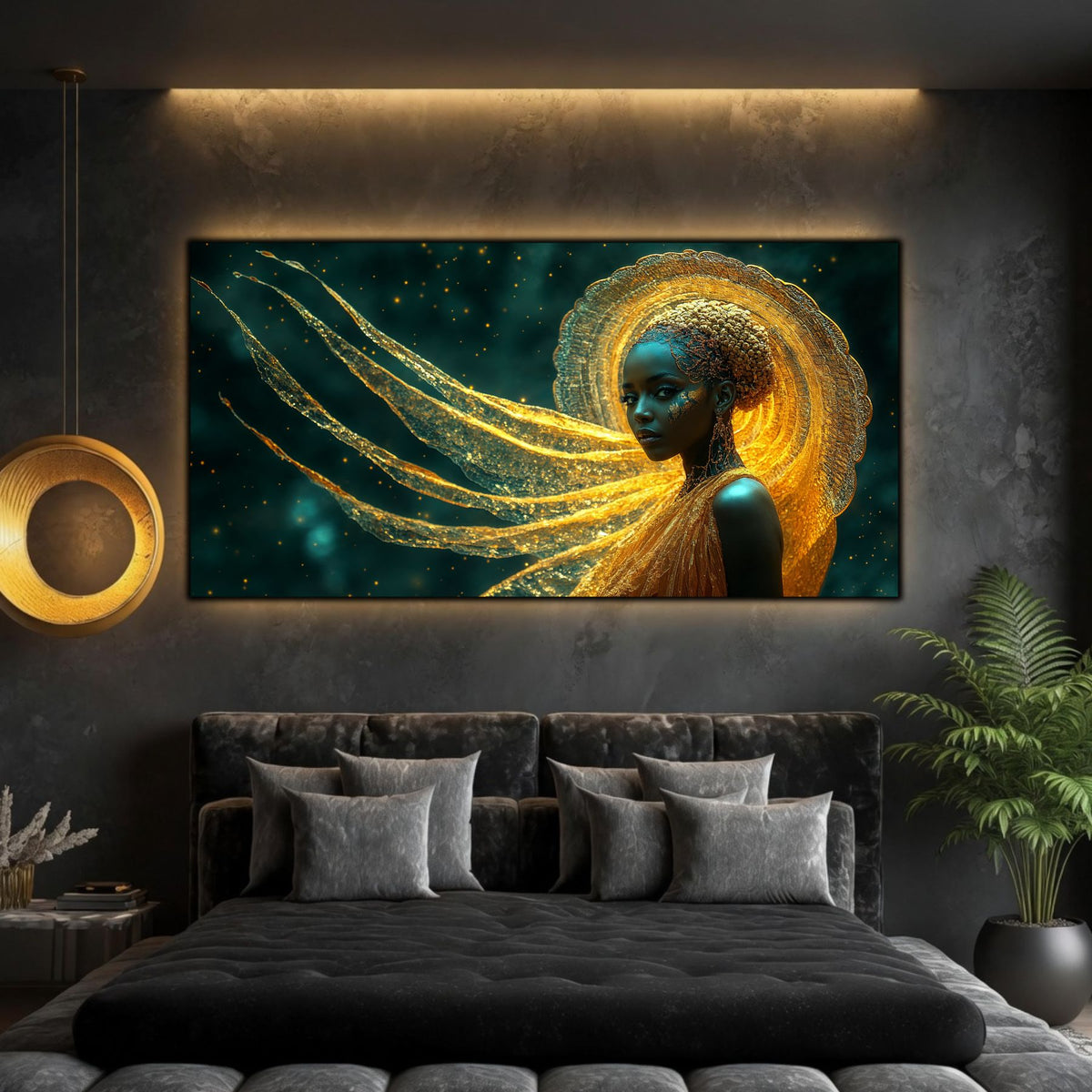 Tablou modern living panoramic Aureola Sufletului pe sticlă securizată amplasat deasupra unui pat matrimonial negru într-un dormitor contemporan de lux