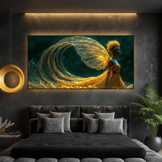 Tablou modern living panoramic Curgerea Grației pe sticlă securizată amplasat deasupra unui pat matrimonial negru într-un dormitor contemporan de lux.