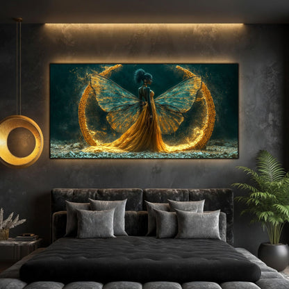 Tablou modern living Pragul Metamorfozei printat pe sticlă securizată ca piesă centrală deasupra unui pat matrimonial negru într-un dormitor modern.