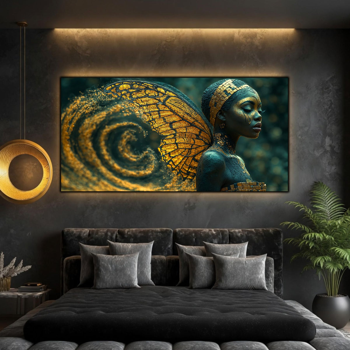 Tablou modern living Spirala Devenirii cu aripă aurie și vortex cosmic pe sticlă securizată deasupra unui pat matrimonial negru într-un dormitor elegant.