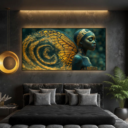 Tablou modern living Spirala Devenirii cu aripă aurie și vortex cosmic pe sticlă securizată deasupra unui pat matrimonial negru într-un dormitor elegant.