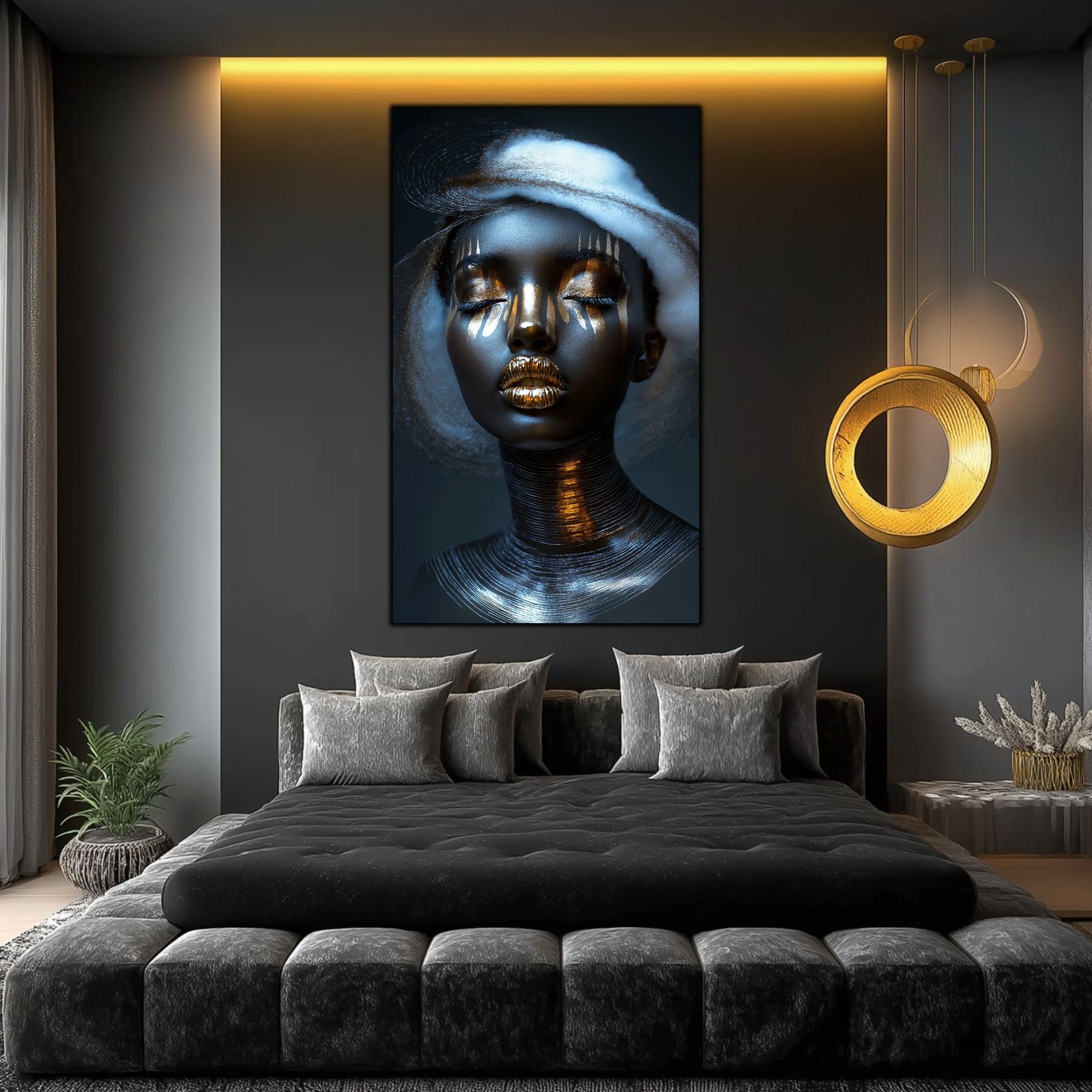 Tablou pe sticla numi Orizontul Interior cu portret feminin meditand, intr-un dormitor elegant.