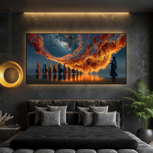 Tablou sticlă securizată Puntea de foc și stele printat UV panoramic deasupra unui pat elegant într-un dormitor contemporan cu perete antracit