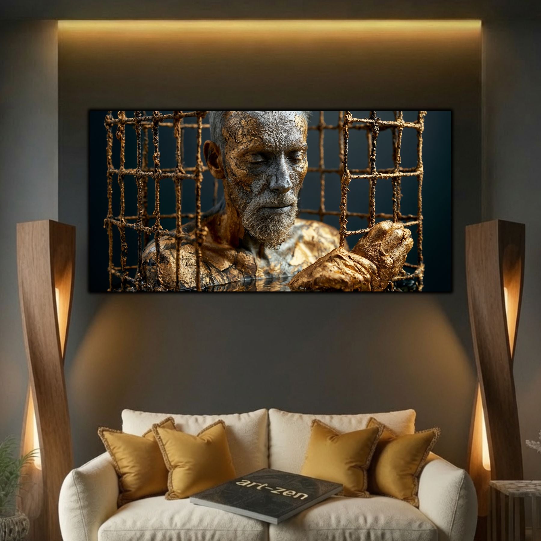 Tablou elegant pentru sufragerie, călugăr acoperit de aur lucios meditând în colivie pe apă, sticlă 4mm.