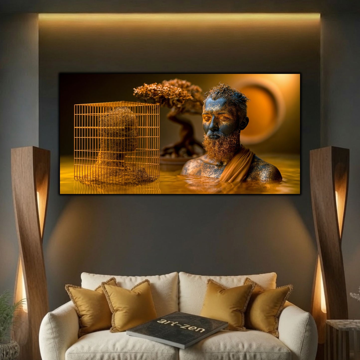 Tablou mare pentru sufragerie, design zen luxury cu iluminare cinematică și contrast profund.