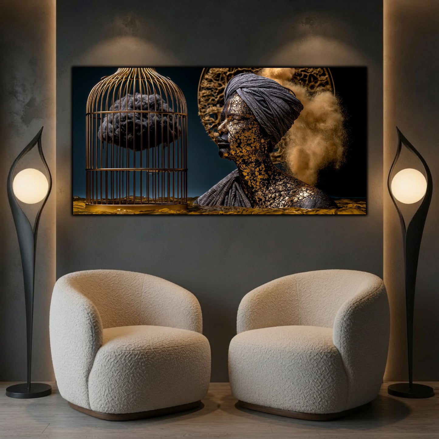 Tablou de artă zen pe sticlă, element central de decor integrat armonios pe peretele unei sufragerii pentru meditație.