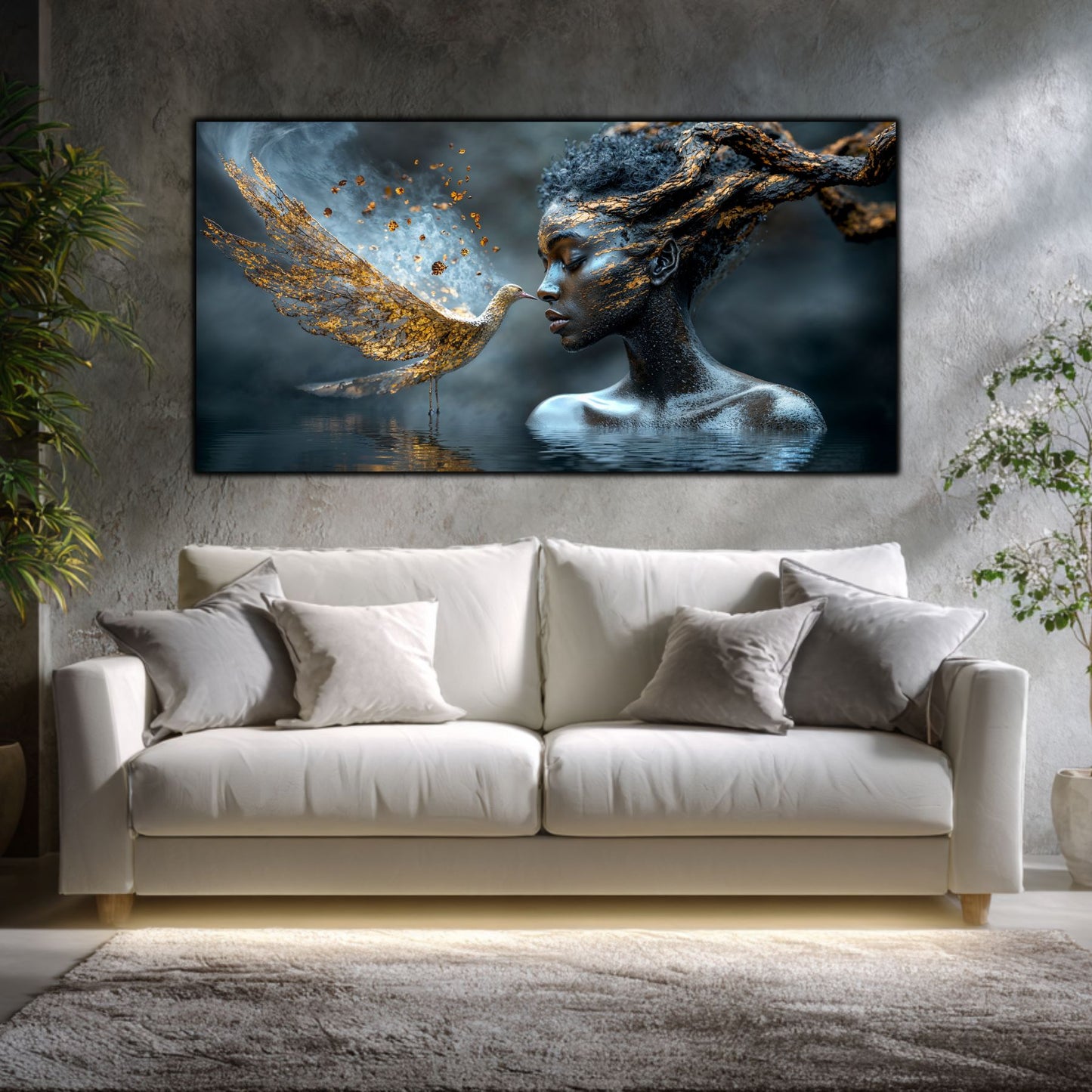 Tablou sufragerie cu detalii aurii Cicatrici de Aur, artă pe sticlă securizată despre vindecare și conexiune spirituală, decor perete modern de lux.