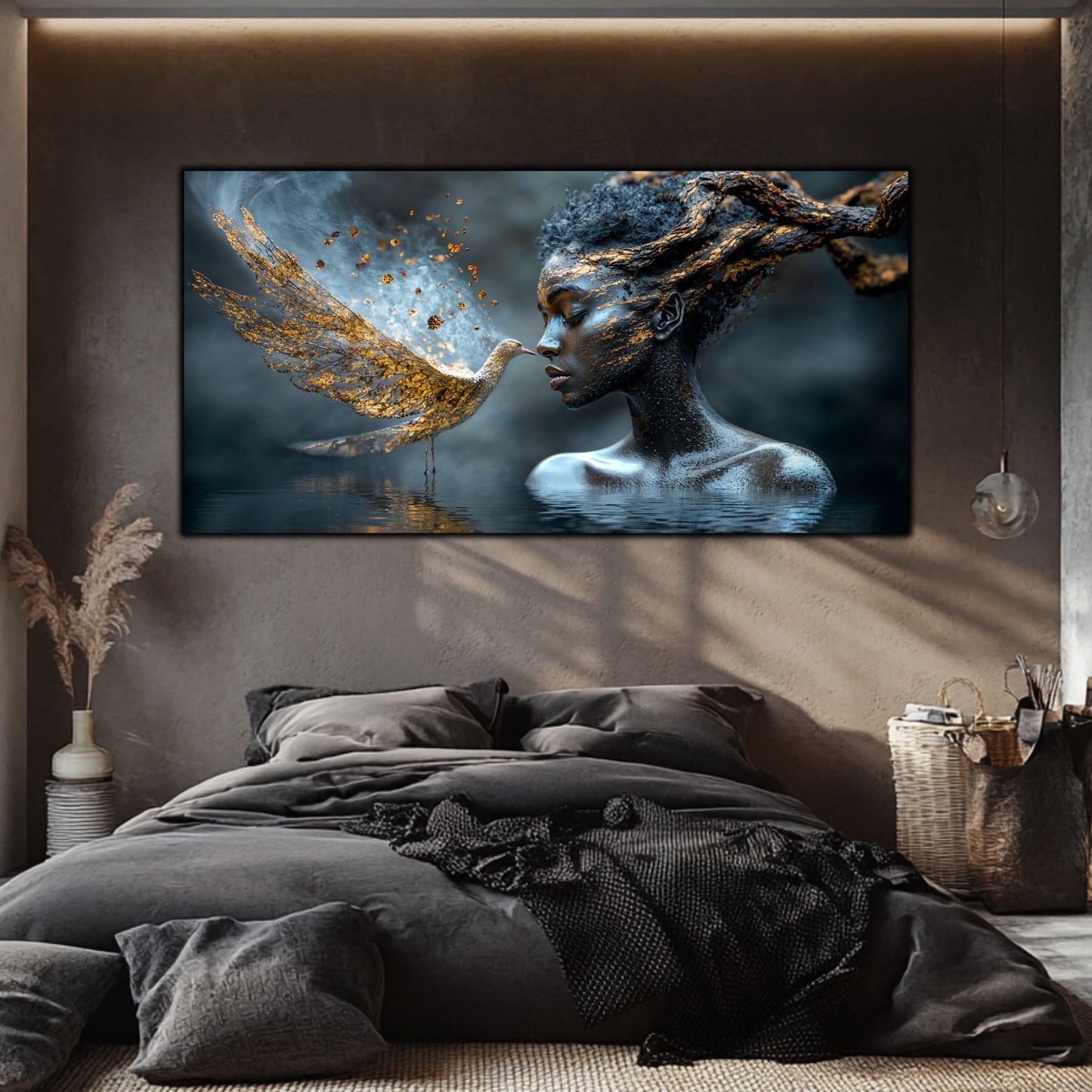 "Cicatrici de Aur", este un tablou pe sticlă securizată de 4mm si prezinta arta vizionară cu accente aurii.