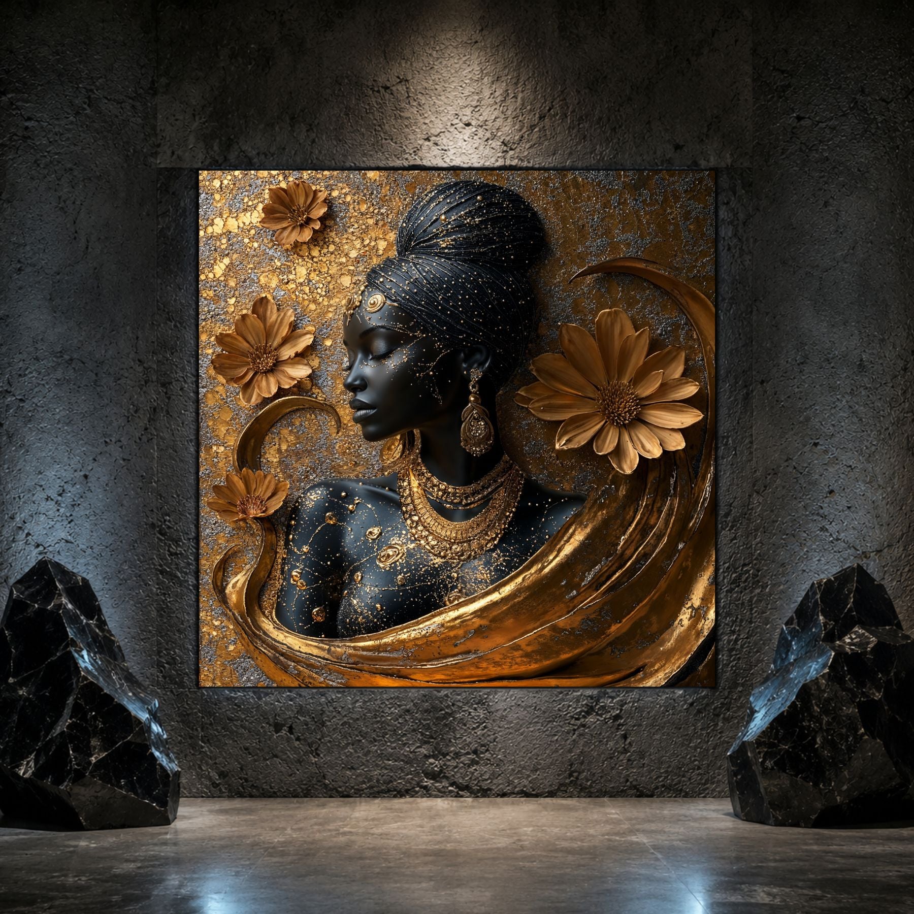 Tablou sticlă Ancestral Bloom pe sticlă securizată, prezentat într-un interior modern.
