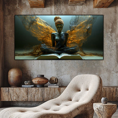 Tablou cu portret diafan si abstract, feminin si delicat, cu aripi transparente si culori de bronz si grafit.