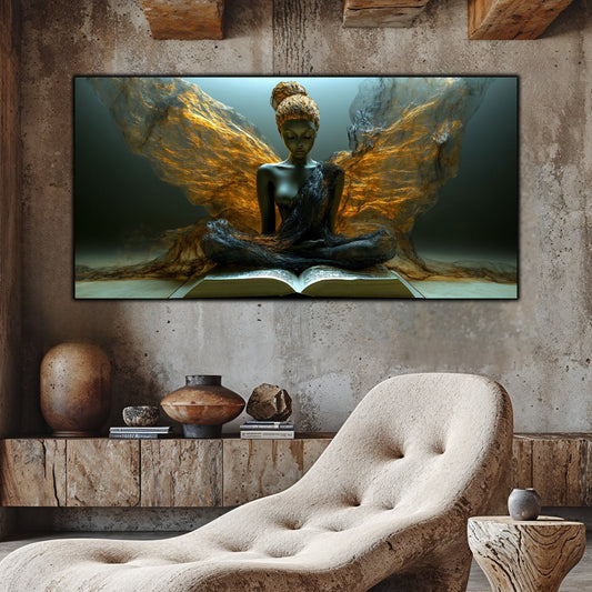 Tablou cu portret diafan si abstract, feminin si delicat, cu aripi transparente si culori de bronz si grafit.