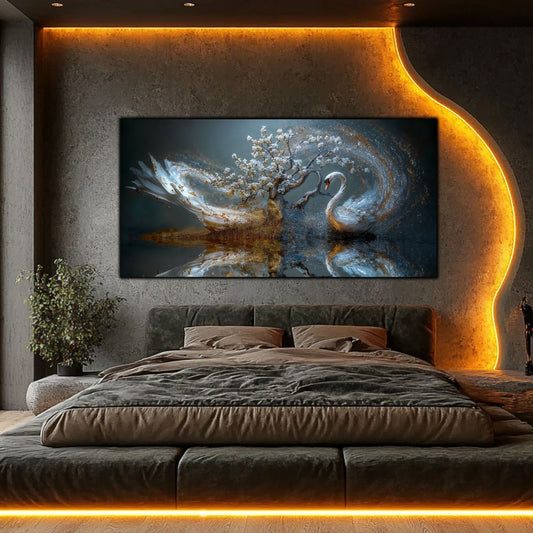 Tablou sufragerie Cercul Interior sticlă securizată – lebădă bonsai înflorit vârtej alb-auriu, dormitor modern cu iluminare LED aurie