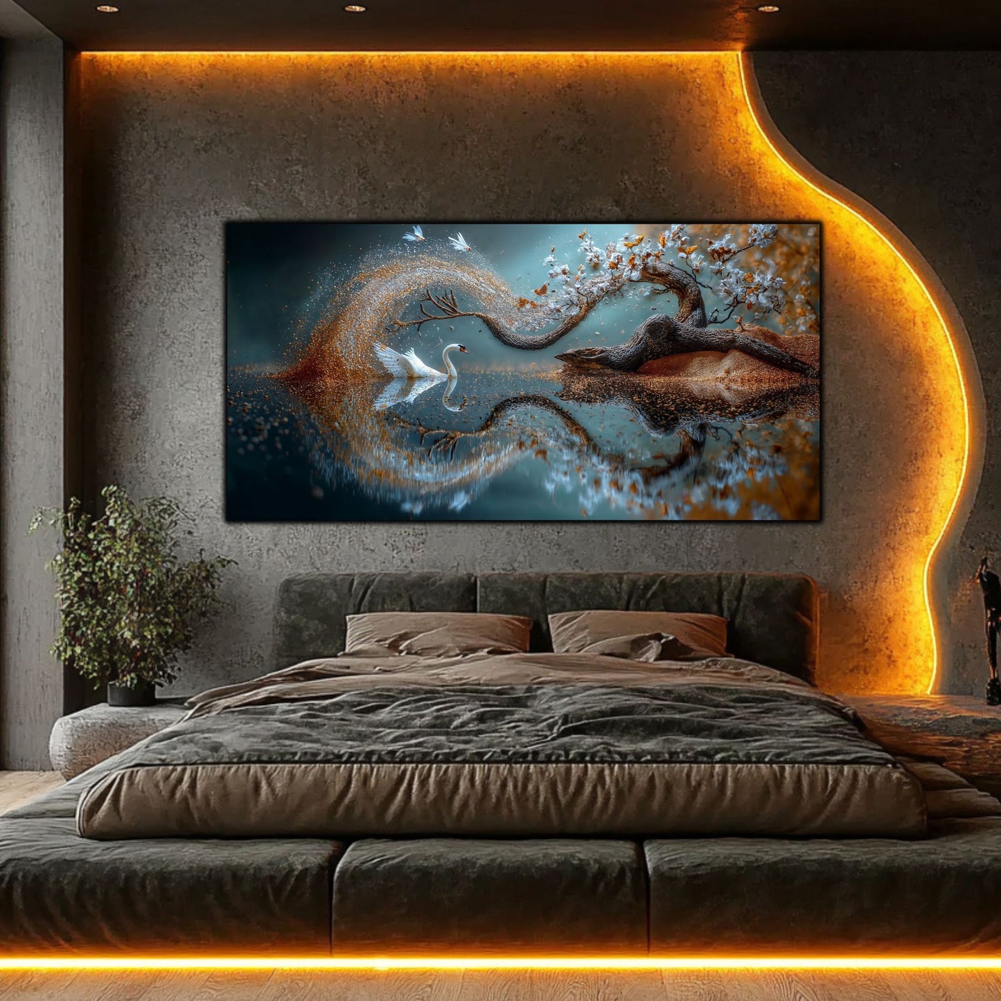 Tablou sufragerie Cerul din Noi sticlă securizată – dormitor modern cu iluminare LED și perete beton
