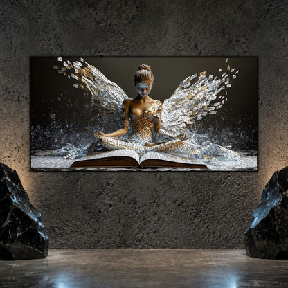 Tablou cu personaj în meditație și aripi din fragmente de scriere, pe un perete gri texturat, între două obiecte decorative negre.
