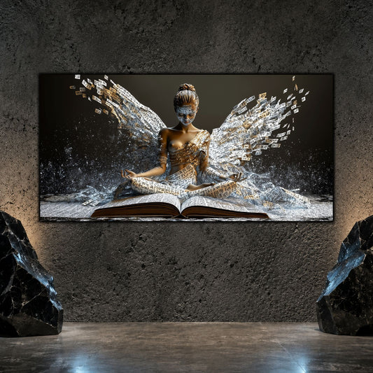 Tablou cu personaj în meditație și aripi din fragmente de scriere, pe un perete gri texturat, între două obiecte decorative negre.