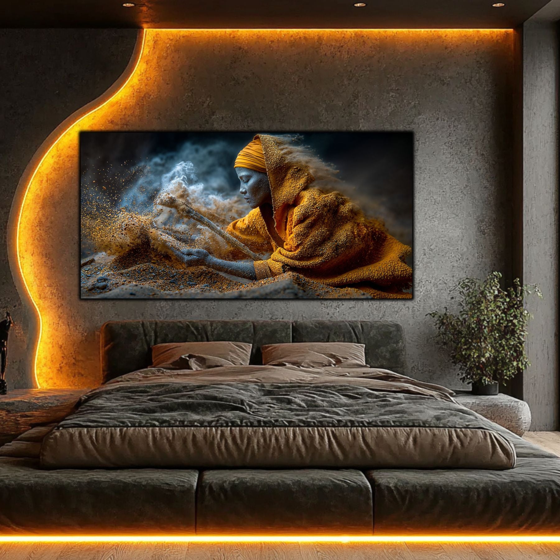 Tablou sufragerie Dezvelire sticlă securizată – dormitor modern cu iluminare LED și perete beton