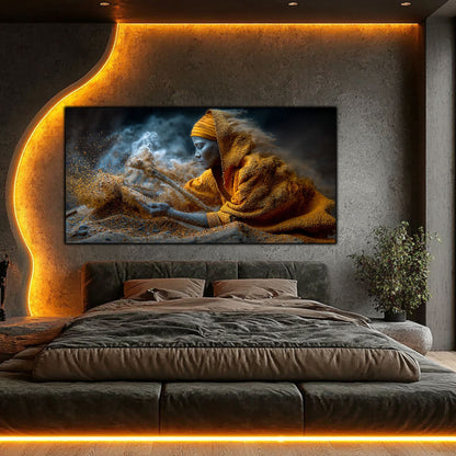 Tablou sufragerie Dezvelire sticlă securizată – dormitor modern cu iluminare LED și perete beton