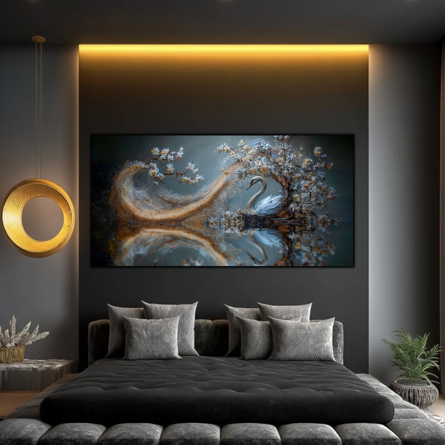 Tablou sufragerie Ecoul Infinitului sticlă securizată – dormitor modern cu iluminare LED aurie