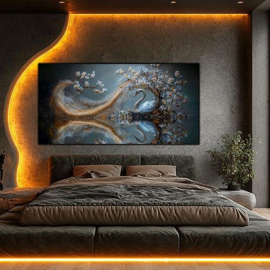 Tablou sufragerie Ecoul Infinitului sticlă securizată – dormitor modern cu iluminare LED și perete beton