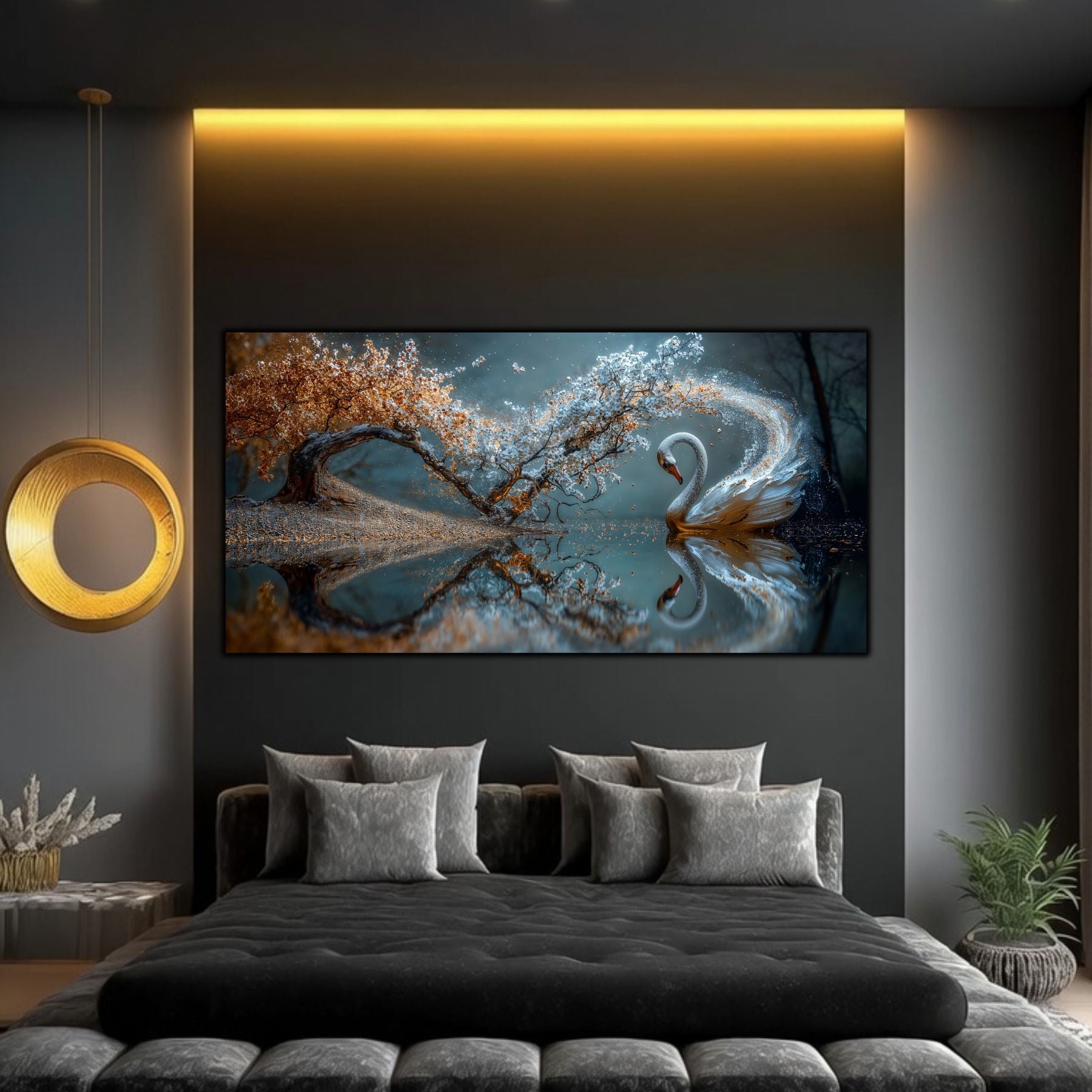Tablou sufragerie Infinit în Oglindă sticlă securizată – lebădă lac teal copac auriu, dormitor modern cu iluminare LED aurie