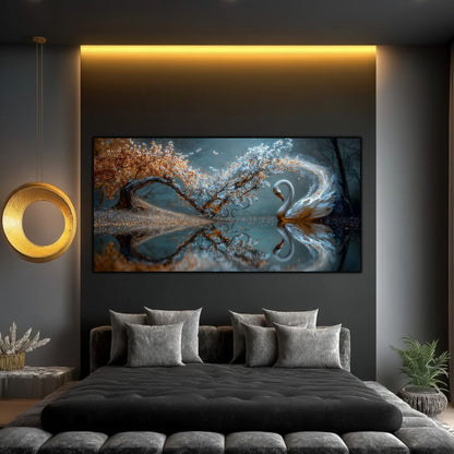 Tablou sufragerie Infinit în Oglindă sticlă securizată – lebădă lac teal copac auriu, dormitor modern cu iluminare LED aurie