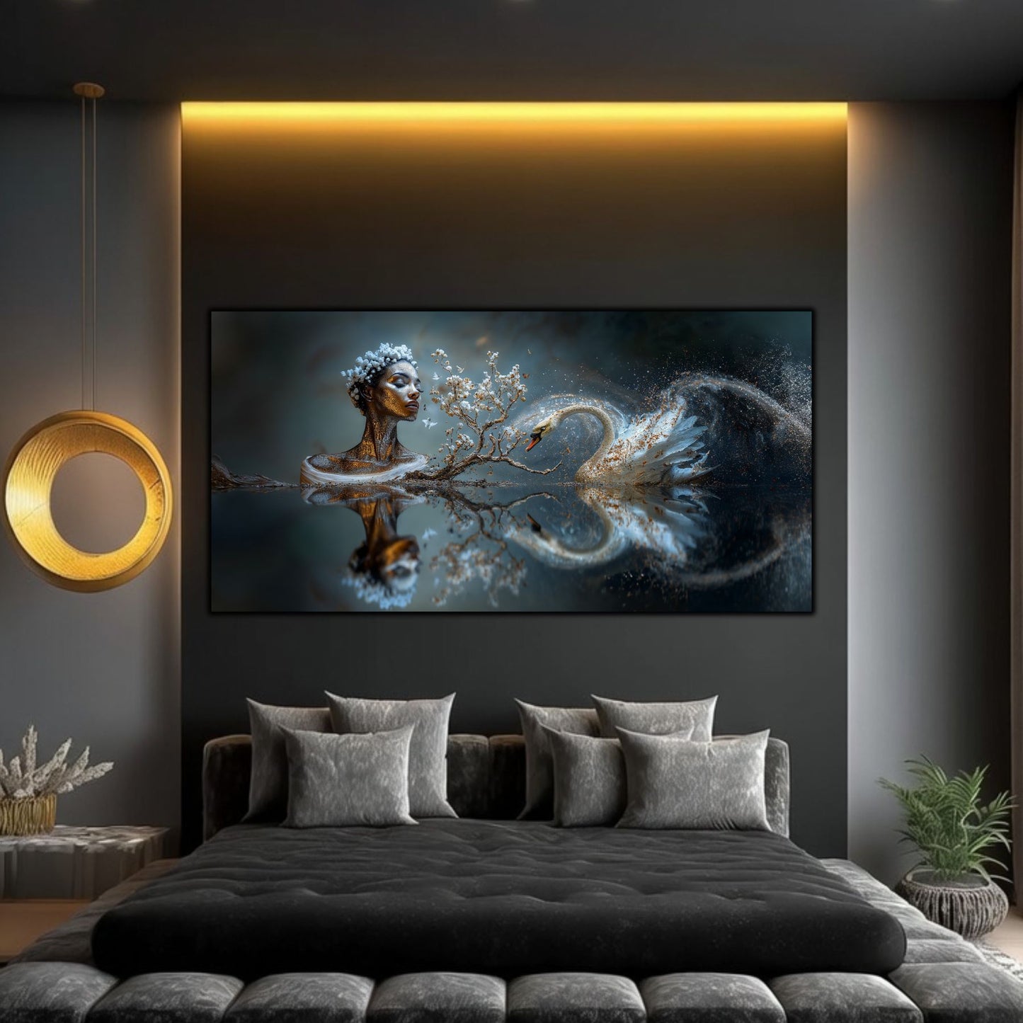Tablou sufragerie Infinitul din Adânc sticlă securizată – zeitate aurie lebădă lac teal, dormitor modern cu iluminare LED aurie
