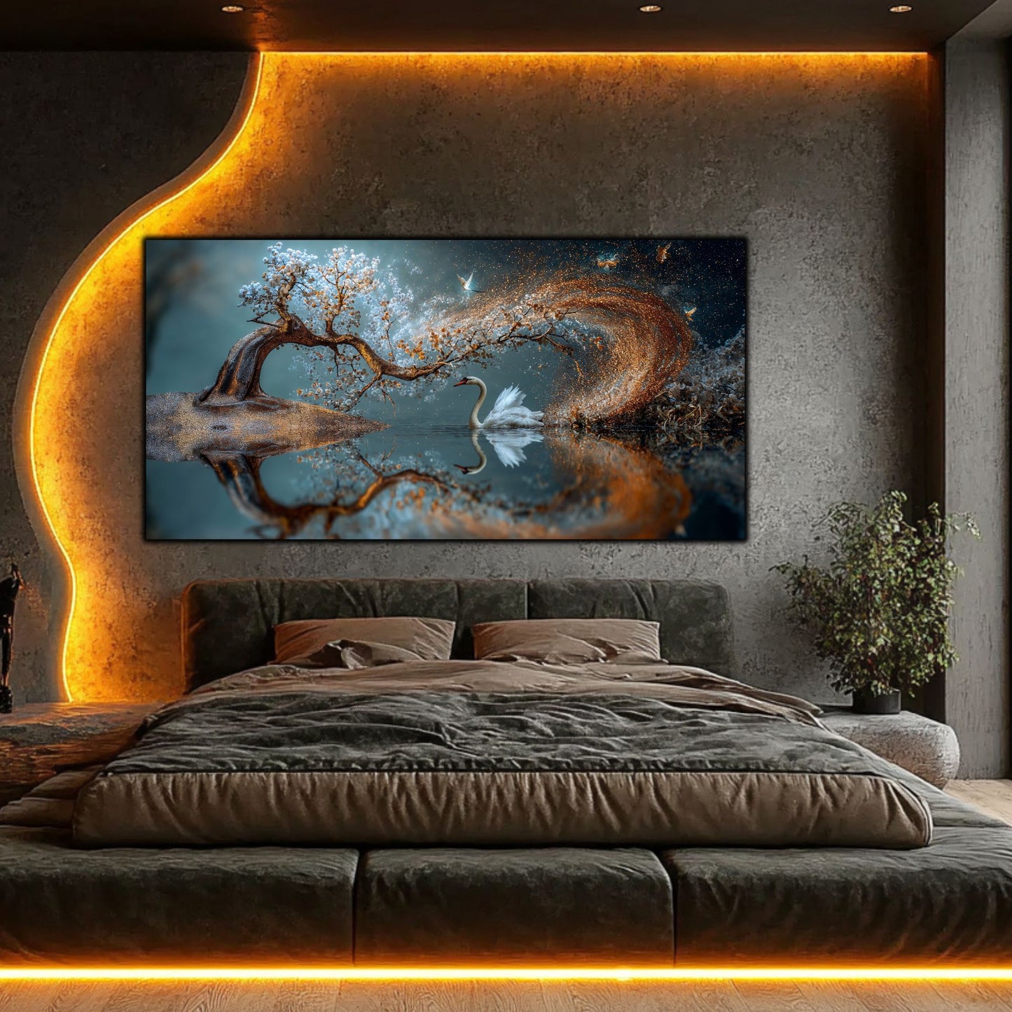Tablou sufragerie Reflexia Tăcerii sticlă securizată – dormitor modern cu iluminare LED și perete beton