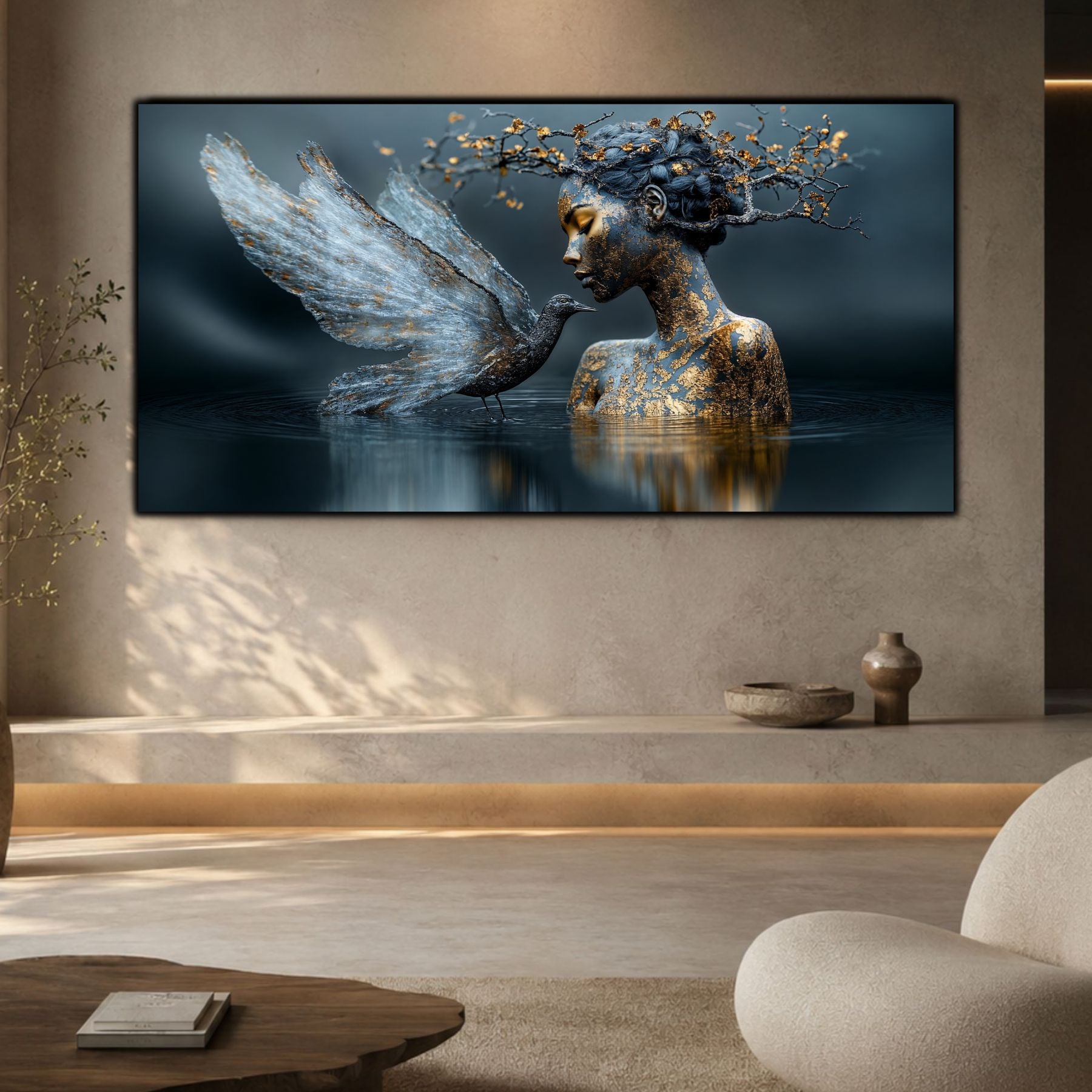 Tablou pentru sufragerie modernă Ethereal Silence, integrat într-un decor minimalist cu influențe organice