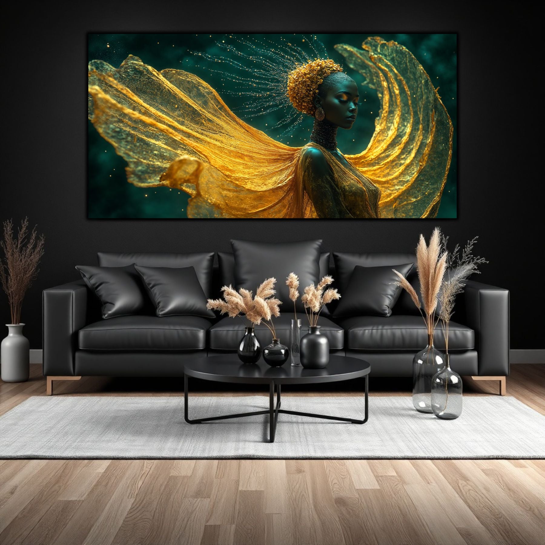 Tablou abstract modern Adierea Aurie pe sticlă securizată, artă de lux cu accente aurii și detalii fine, decor perete living sofisticat Art-Zen.