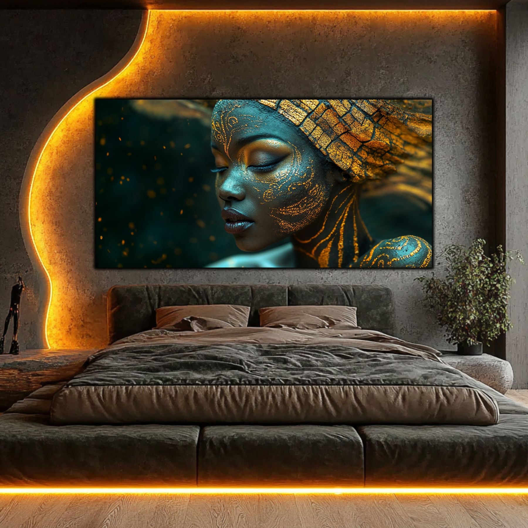 Tablou abstract modern Pace Interioară colecția Rising Ephemerides, dormitor elegant cu iluminare aurie
