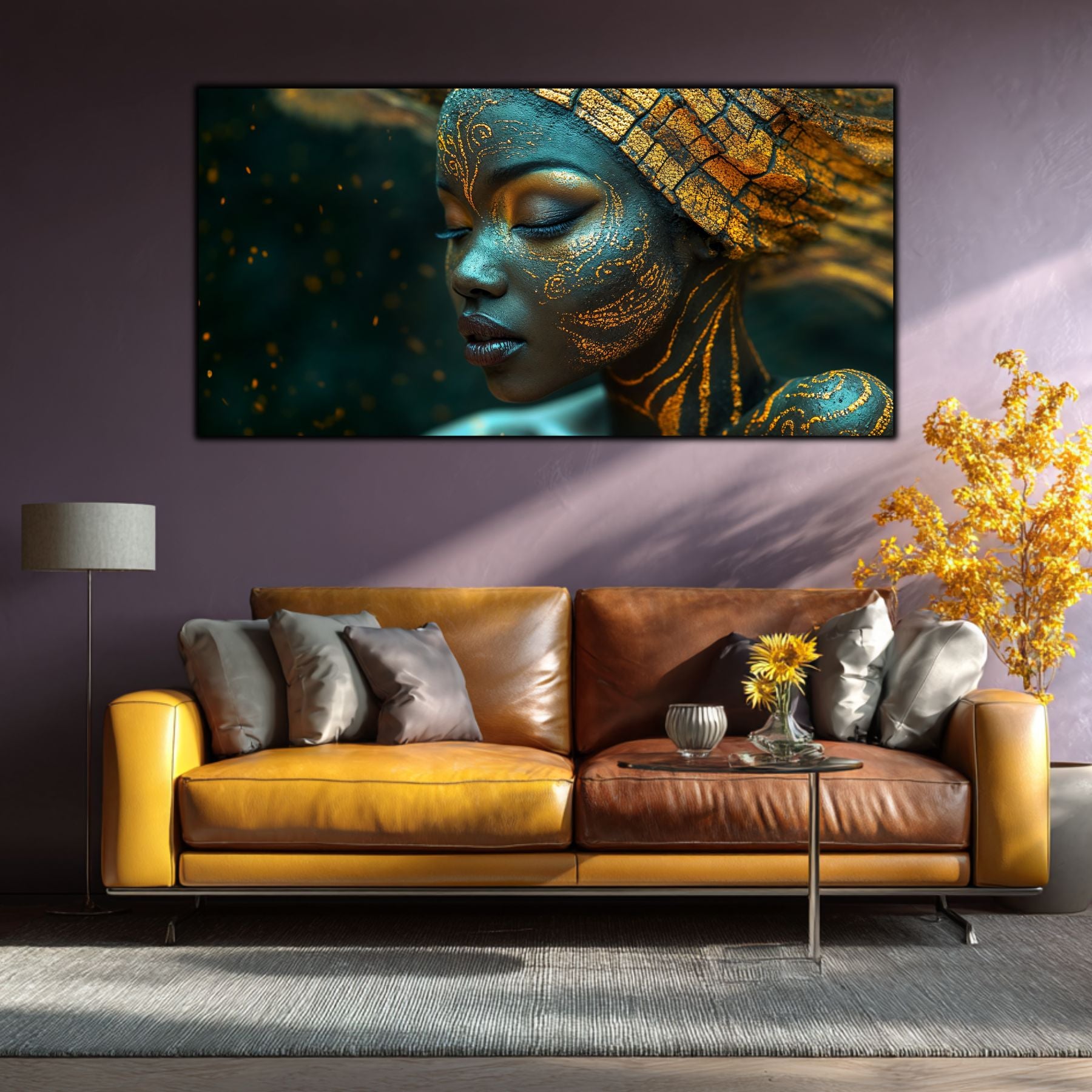 Tablou abstract auriu Pace Interioară pe sticlă, dormitor de lux cu ramă decorativă aurie
