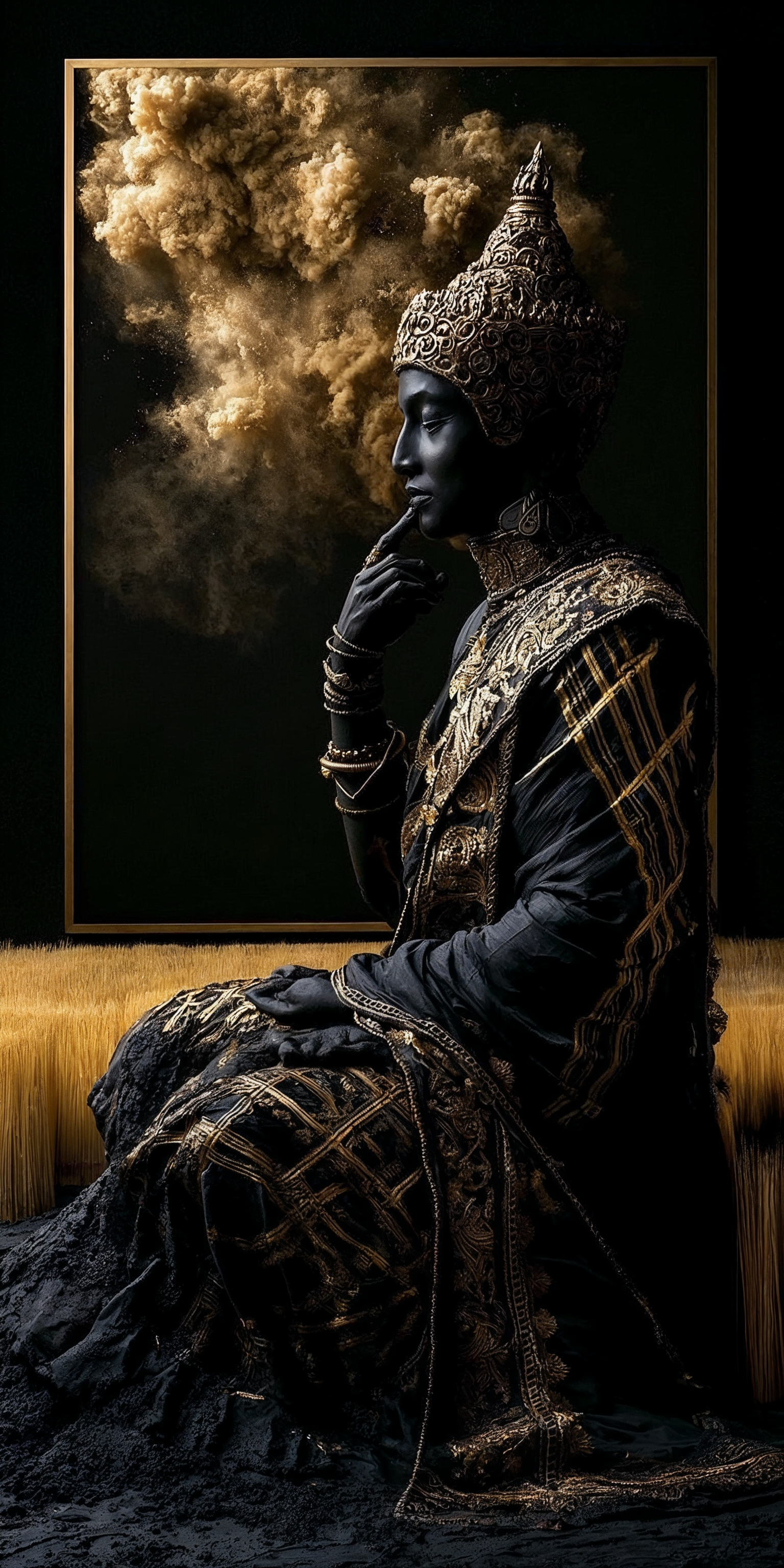 Tablou uicat pe sticla, cu portretul misterios si meditativ al unui calugar, care adauga mister pe peretele casei tale.
