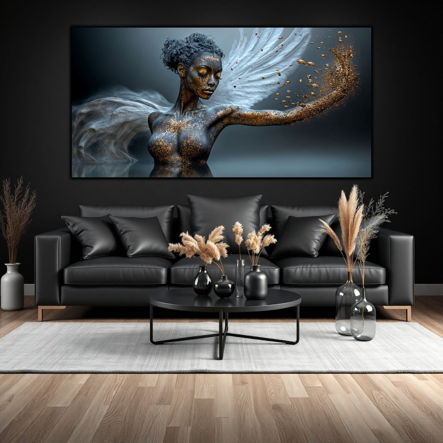 Tablou decorativ din sticla cu portretul suprarealist si evocativ al unui personaj feminin ce pare ca se destrama. Tabloul va aduce o nota de mister zen casei tale.