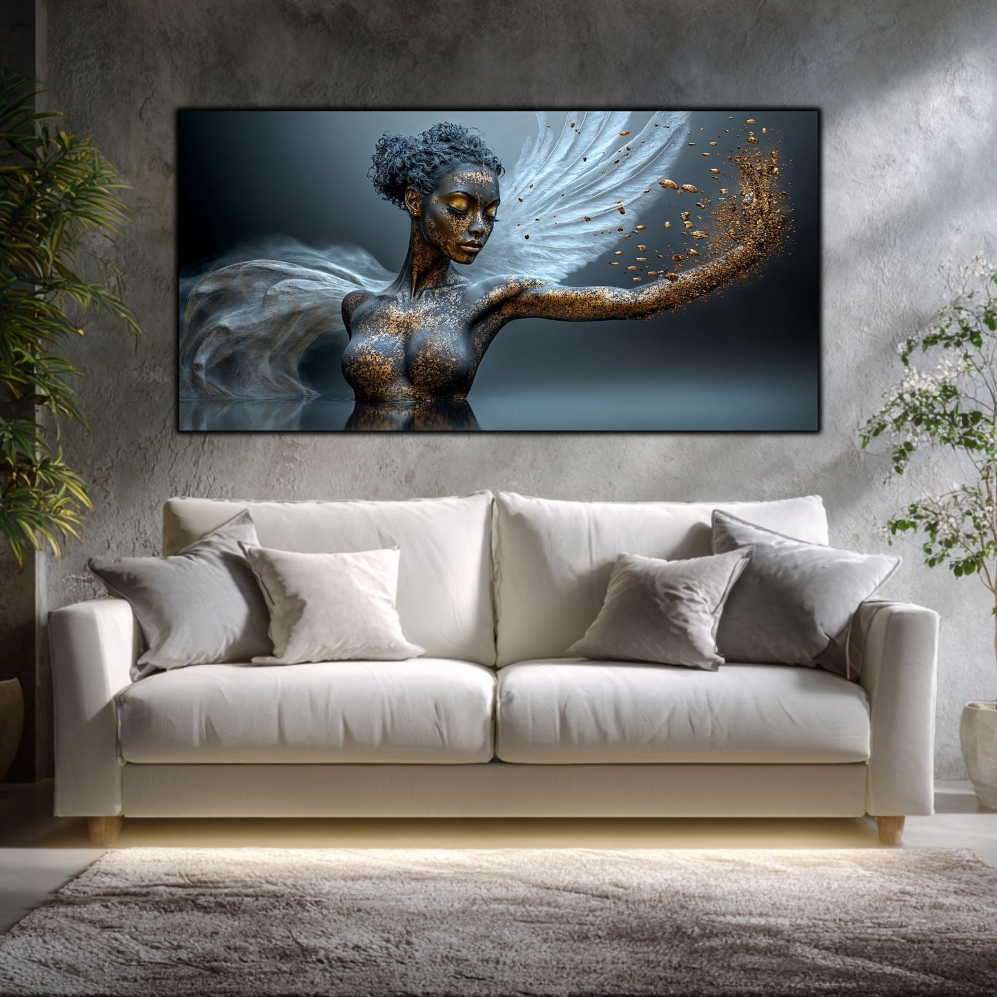 Tablou sufragerie suprarealist Zbor Destărmat, artă pe sticlă securizată despre libertate și eliberare, decor modern pentru un living aerisit și luminos.